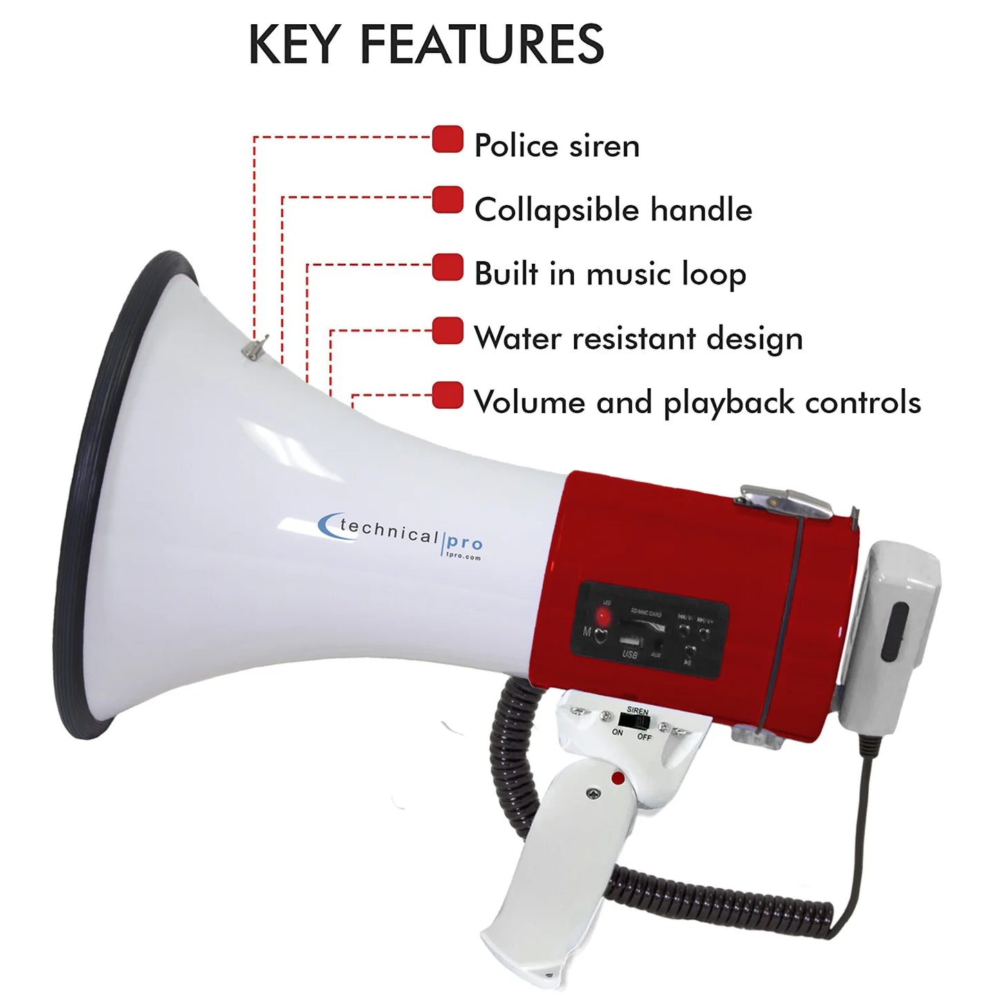 Technical pro red megaphone 75-watt siren bullhorn - bullhorn speaker w/detachable microphone, portable lightweight strap detachable pa - professional outdoor voice for police and cheer leading