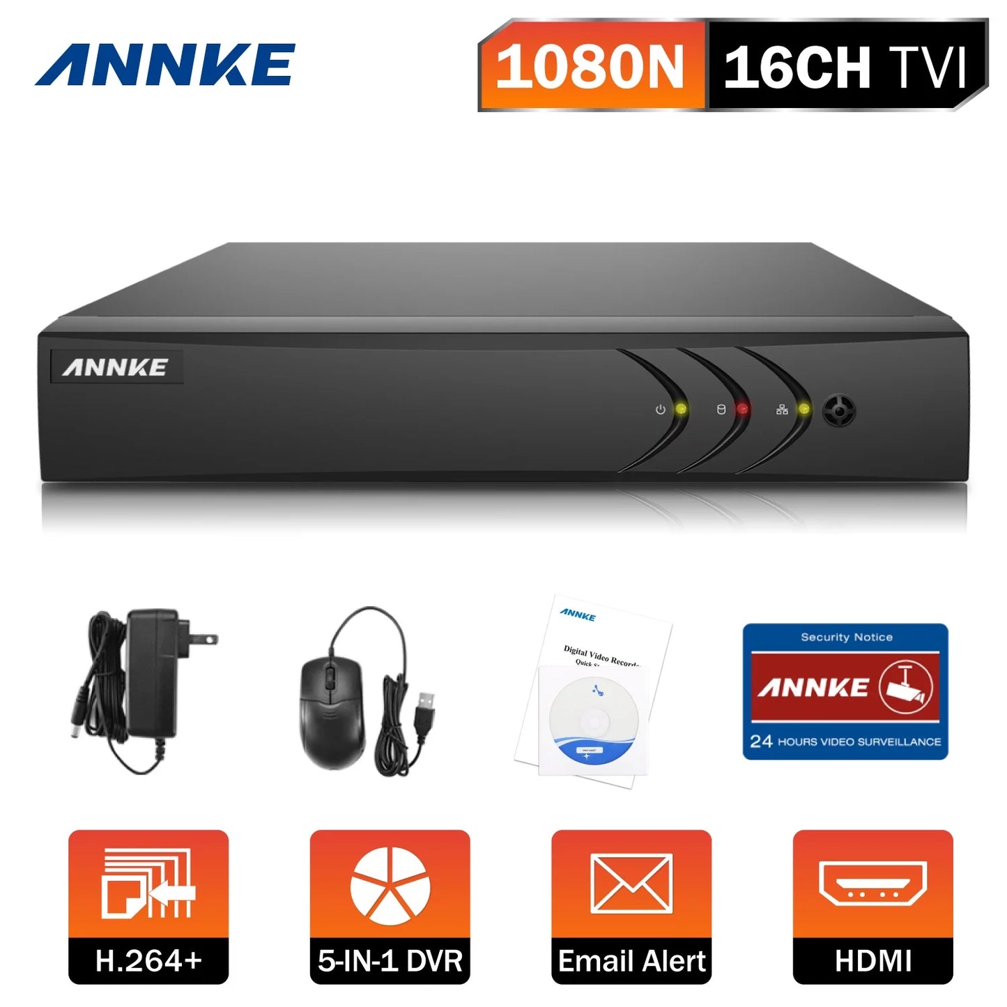 Annke 16-channel hd-tvi 1080n security video dvr, h.264+ video compression for bandwidth efficiency(hard drive capacity is optional:0-no hdd,1-1tb hdd)