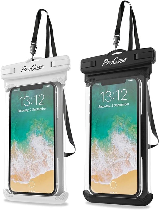 2 pack procase waterproof phone case dry bag pouch, for iphone 14 plus pro max, iphone 13 12 pro max, 11 xs max xr x 8 7 6s plus, galaxy s22 s22+ s21 fe, up to 7.0 inch -white/black