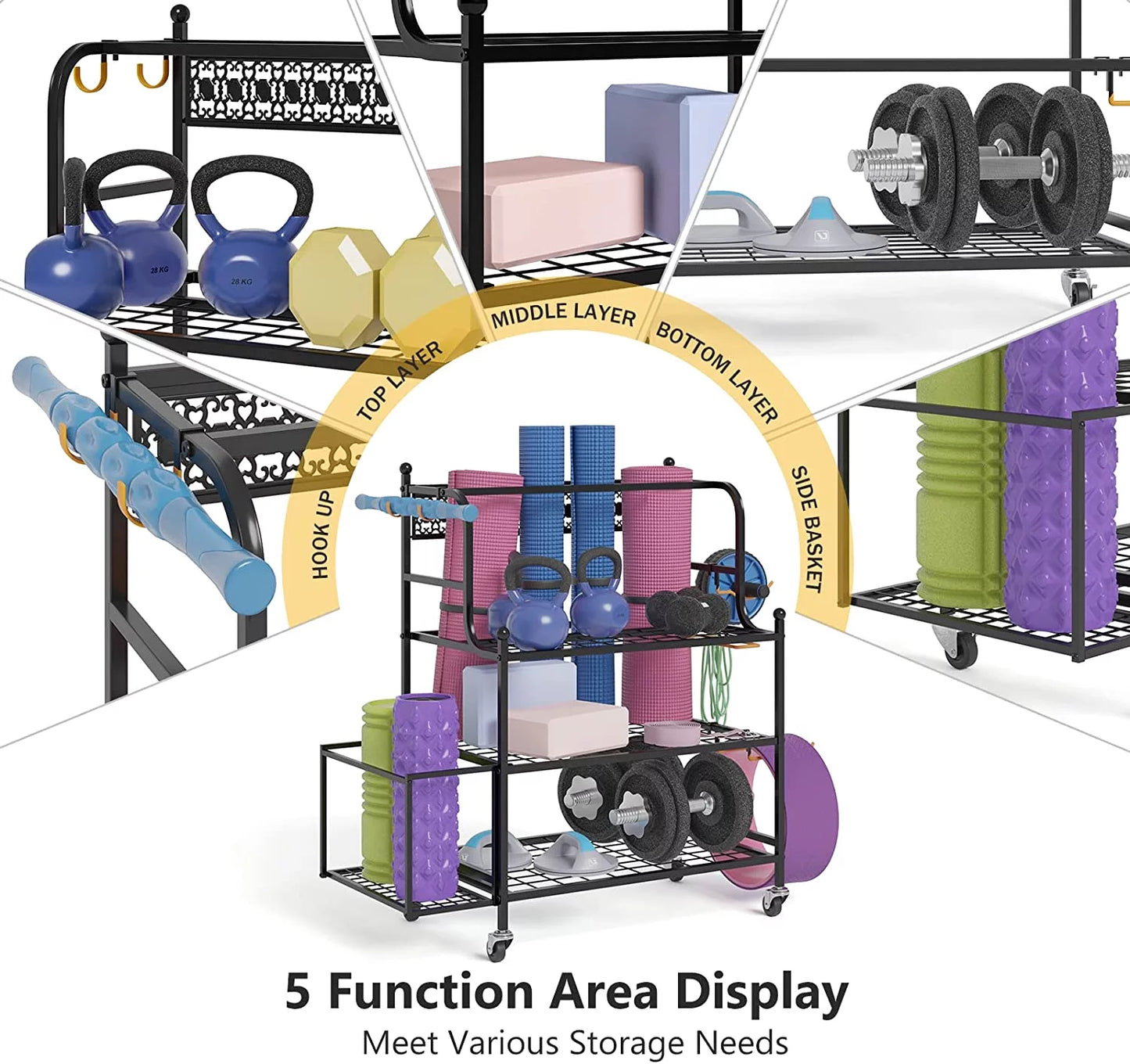 Y&m yoga mat storage racks, home gym storage rack for organizing kettlebells dumbbells foam roller, all-in-one workout equipment storage organizer with hooks and wheels, yoga strap and resistance band