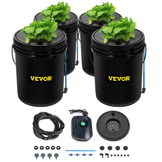 Vevor dwc hydroponic grow kit, 5-gallon, 4-bucket system with pump, air stone & water level indicator for indoor/outdoor leafy vegetables