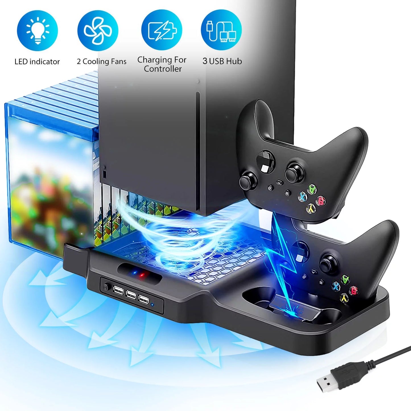 Vertical stand fit for xbox series x/s with 2 cooling fans, eeekit dual controller fast charging dock station fit for xbox series s/x with 3 usb ports, 11 game disc slots