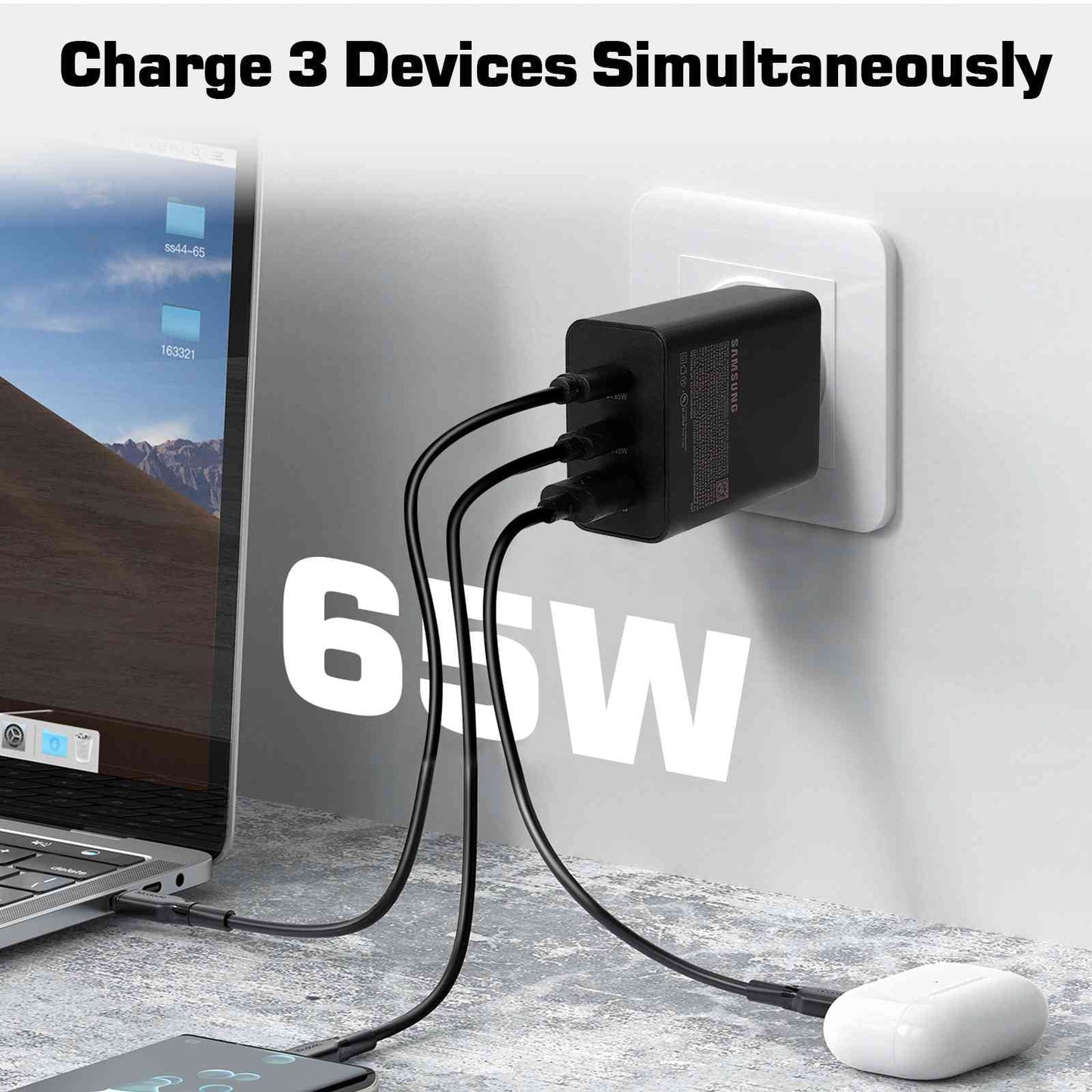 65w fast travel charger with 3 ports - usb & dual usb-c high-speed charging for zte blade v2020 5g/axon 20 5g extreme/axon 20 5g/nubia red magic 5s/nubia red magic 5g lite iphone, samsung galaxy