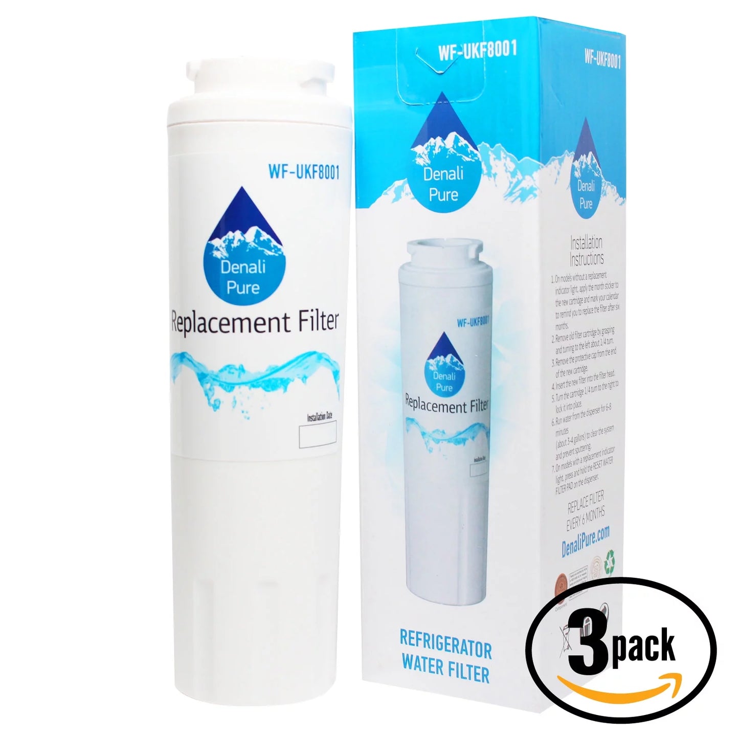 3-pack replacement for amana arse664bs refrigerator water filter - compatible with amana ukf8001axx fridge water filter cartridge