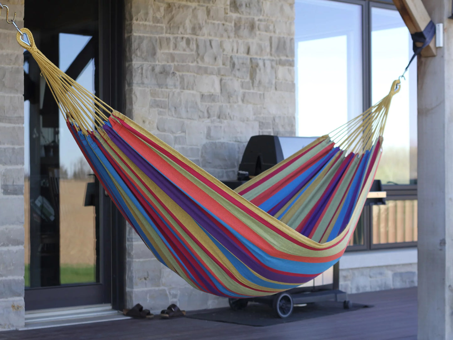 The hamptons collection 144” yellow and purple striped two person brazilian style hammock