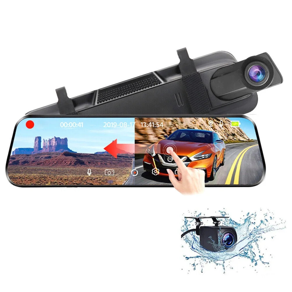 1080p mirror dash cam front rear dual camera 10" ips touch screen 170° wide angle car streaming recorder g-sensor loop recording