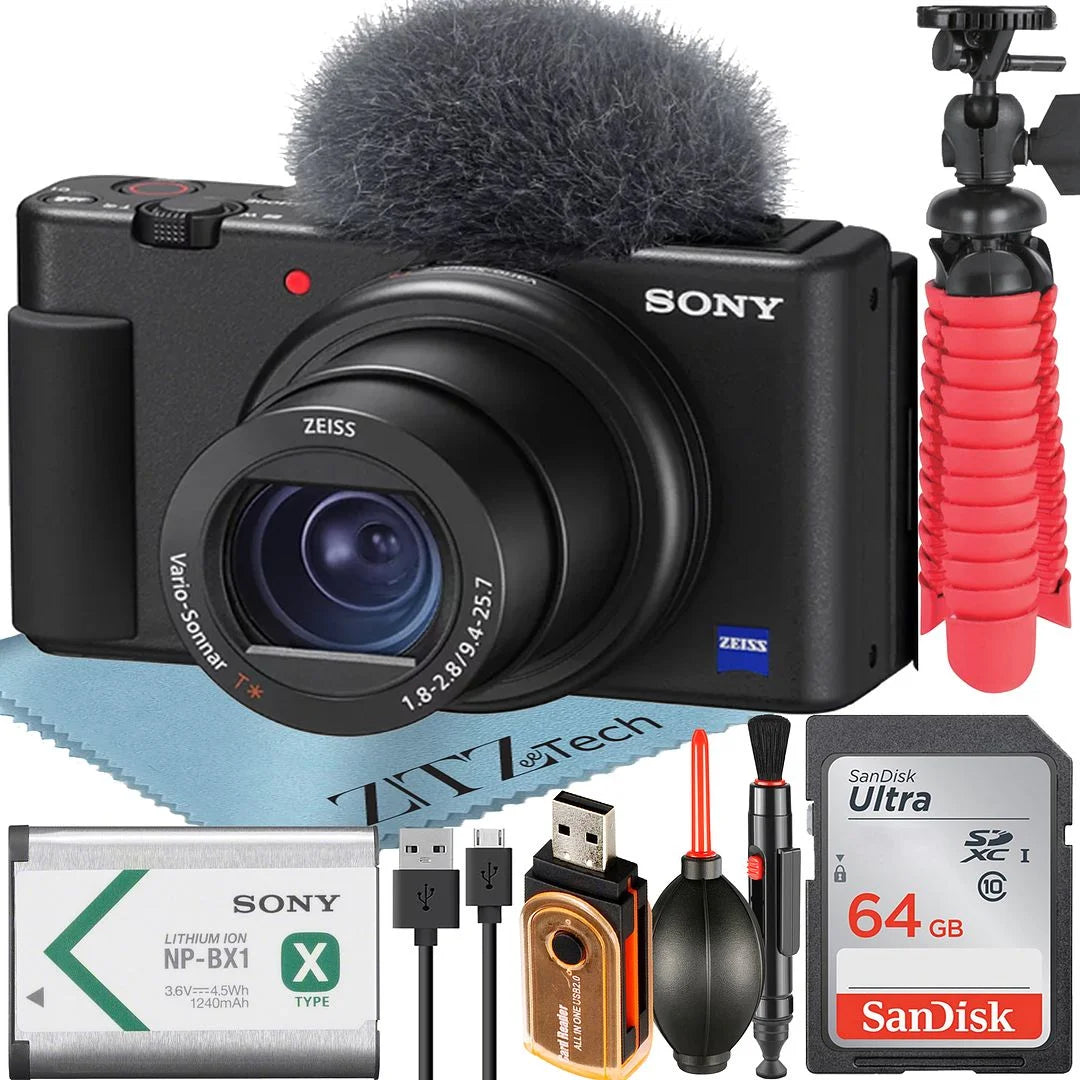 Sony zv-1f vlogging camera (black) with sandisk 64gb memory card + zeetech accessory bundle