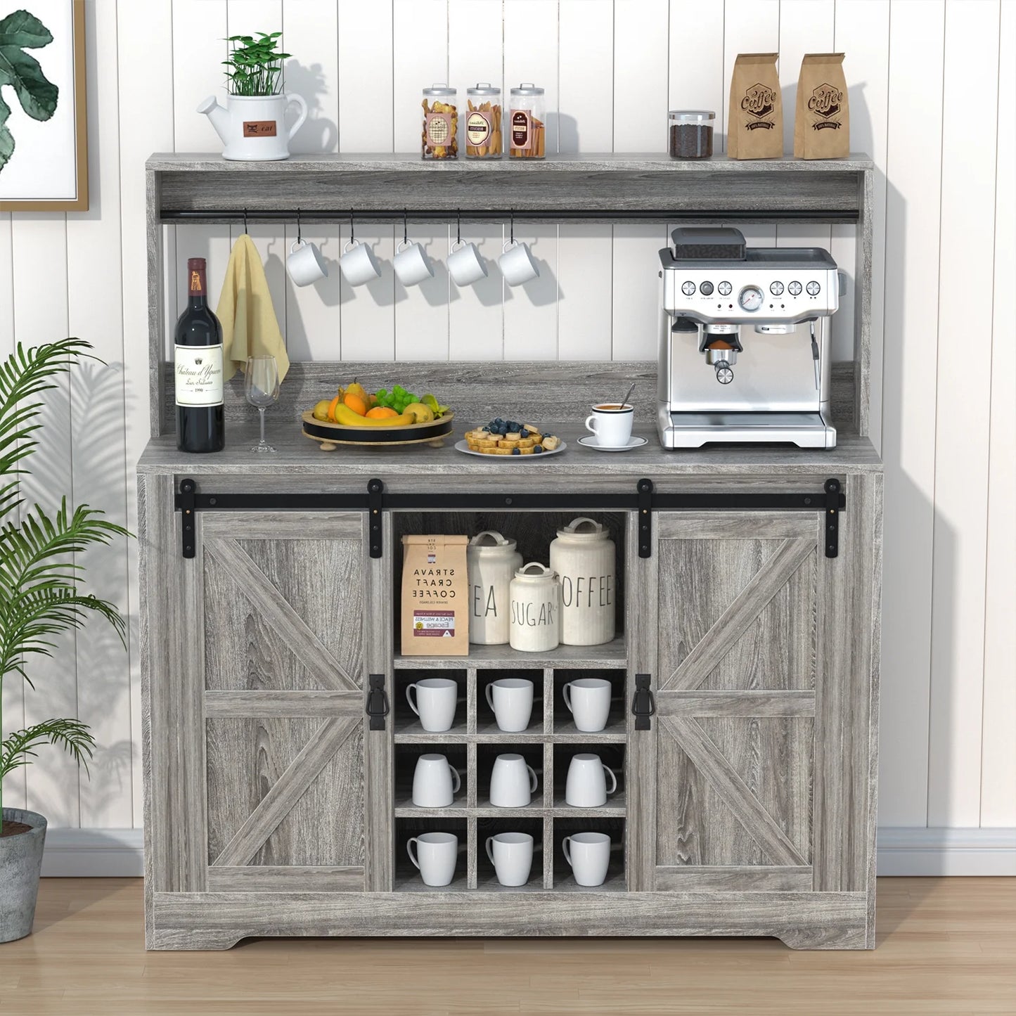 Urban deco coffee bar cabinet with rack and storage,liquor bar buffet sideboard with 6 hooks for kitchen dining room(gray)