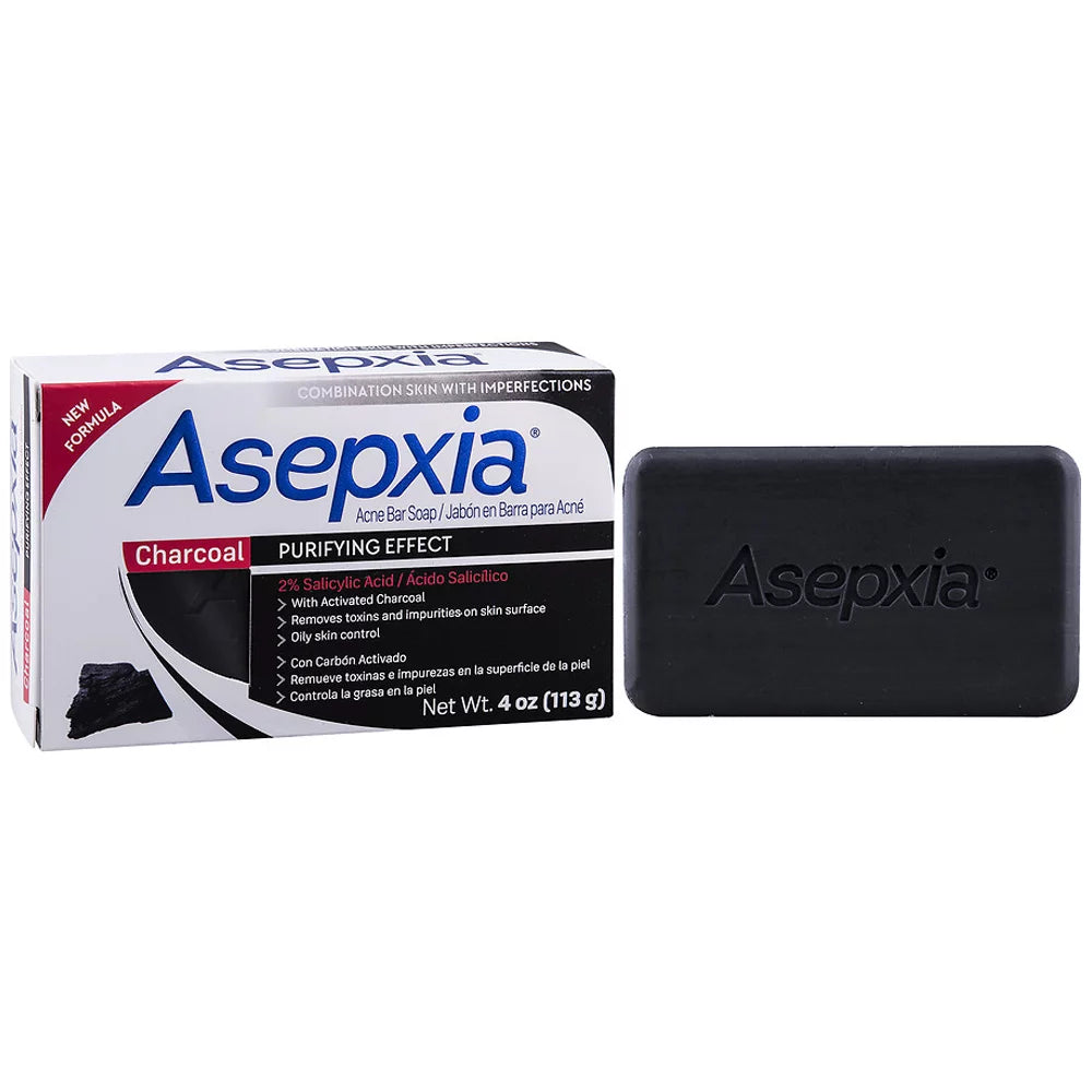 Asepxia charcoal cleansing bar soap for acne and blackheads. removes impurities and toxins. helps oily skin with salycilic acid. 4 oz. pack of 3