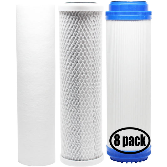 8-pack replacement for filter kit for aqualux aql3e ro system - includes carbon block filter, pp sediment filter & gac filter - denali pure brand