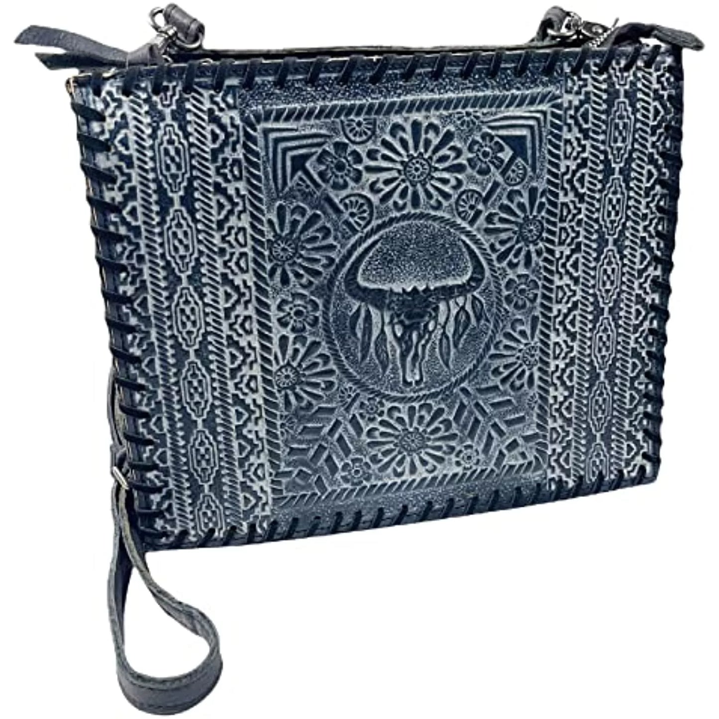 Urbalabs western crossbody purse large handbag genuine leather longhorn cow skull tooled tote bag hand stitched (blue)