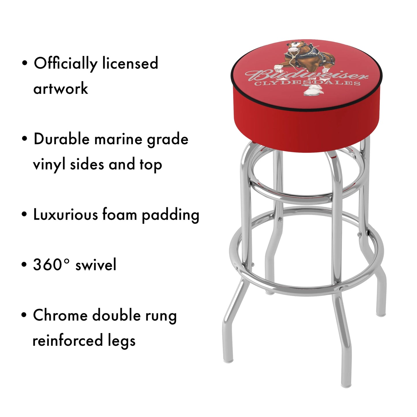 Trademark gameroom budweiser clydesdale red bar stool with padded seat