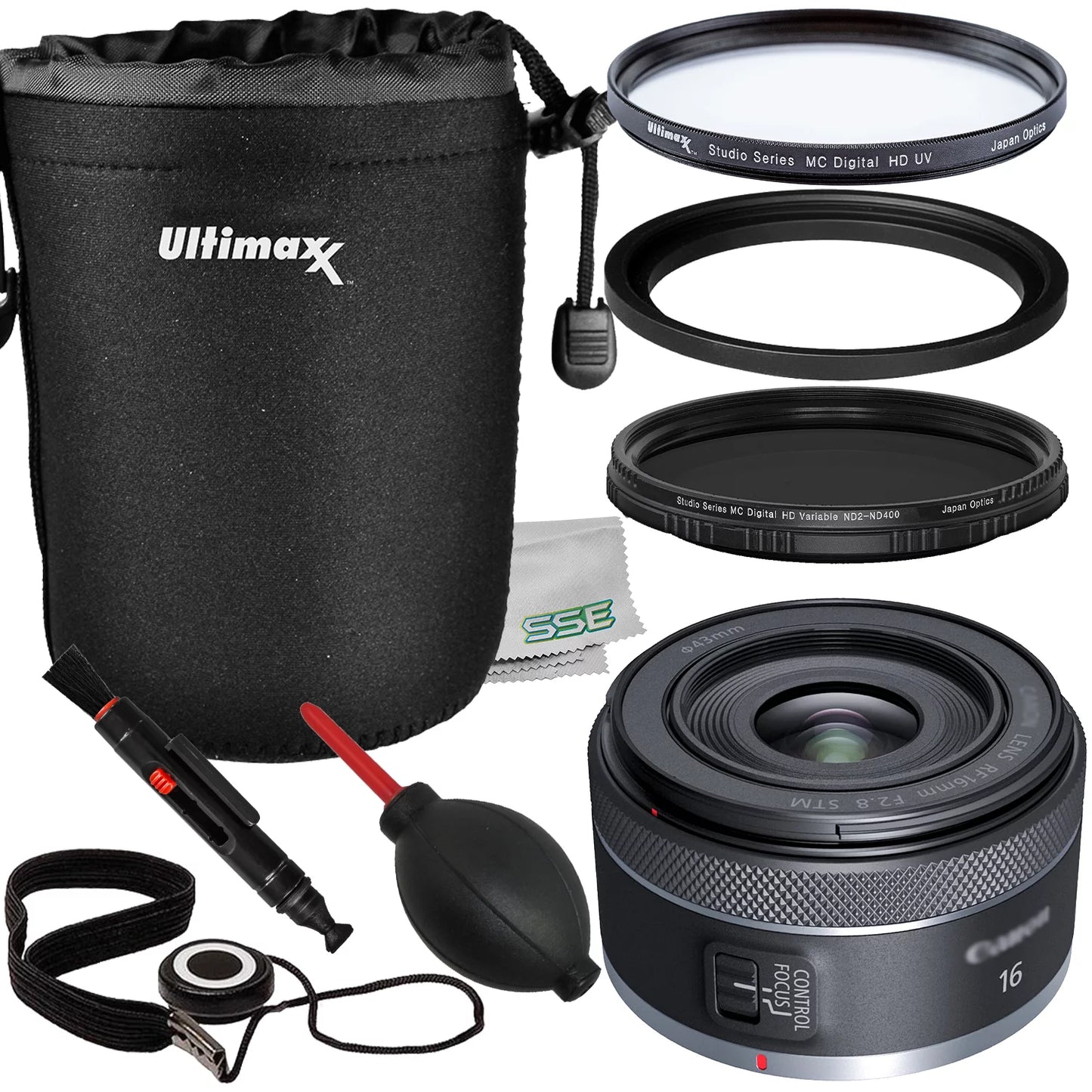 Ultimaxx essential canon rf 16mm f/2.8 stm lens bundle - includes: water-resistant lens pouch, variable neutral density filter (nd2-nd400) & more (11pc bundle)