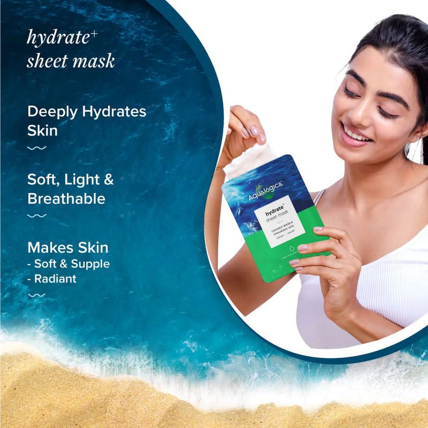 Aqualogica hydrate+ sheet mask for hydrated, radiant & glowing skin with coconut water & hyaluronic acid, 25 ml, pack of 2