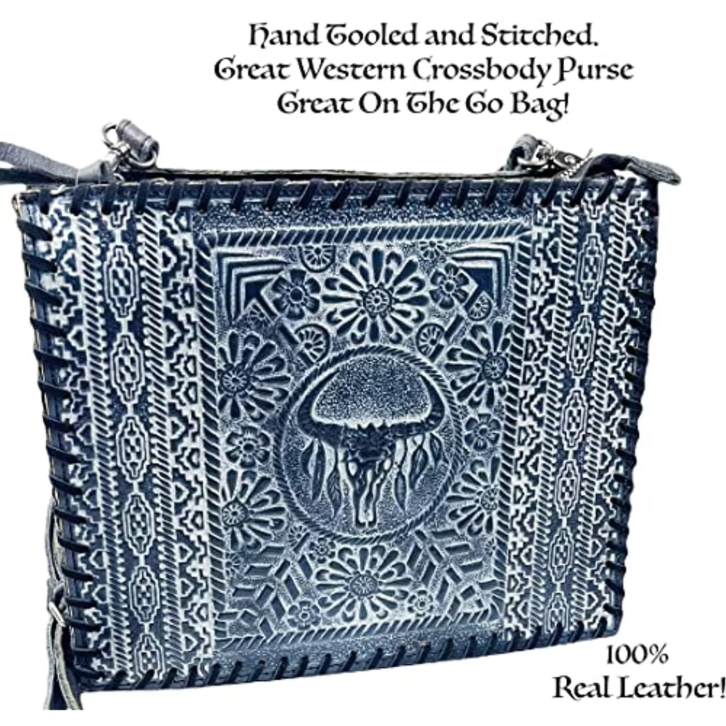 Urbalabs western crossbody purse large handbag genuine leather longhorn cow skull tooled tote bag hand stitched (blue)