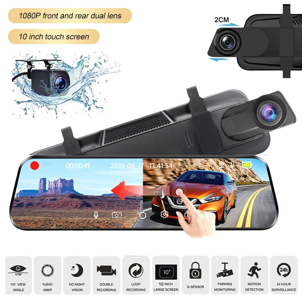 1080p mirror dash cam front rear dual camera 10" ips touch screen 170° wide angle car streaming recorder g-sensor loop recording