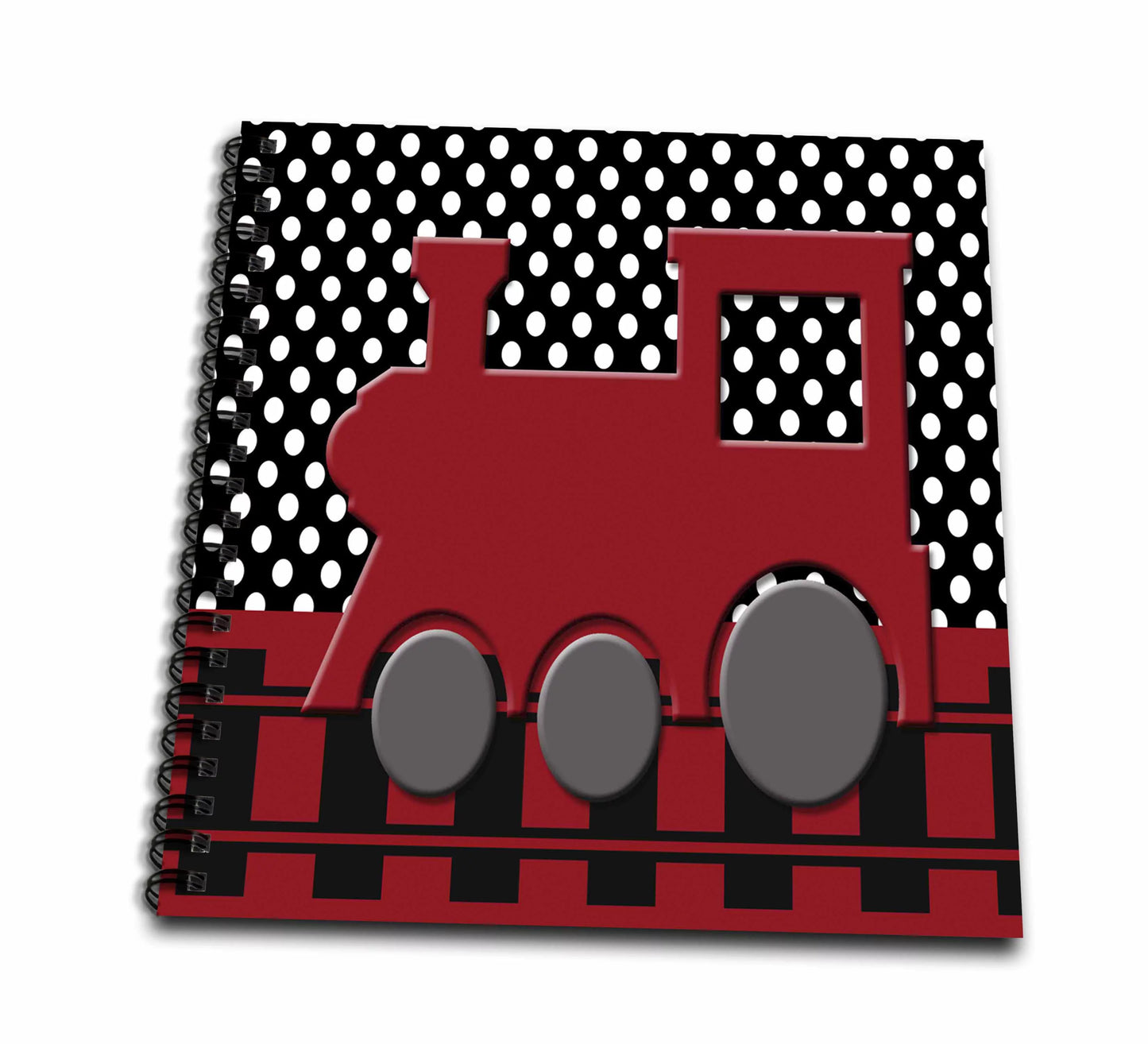 3drose red train engine on a black polka dot background with railroad - mini notepad, 4 by 4-inch