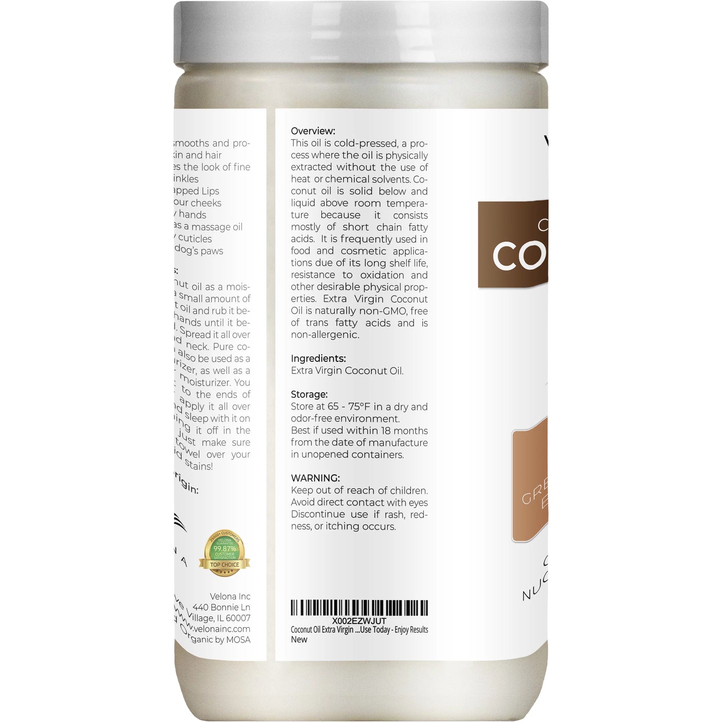 Velona usda certified organic coconut oil extra virgin - 64 oz | food and cosmetic grade | in jar | extra virgin, cold pressed | skin, face, body, hair care | use today - enjoy results