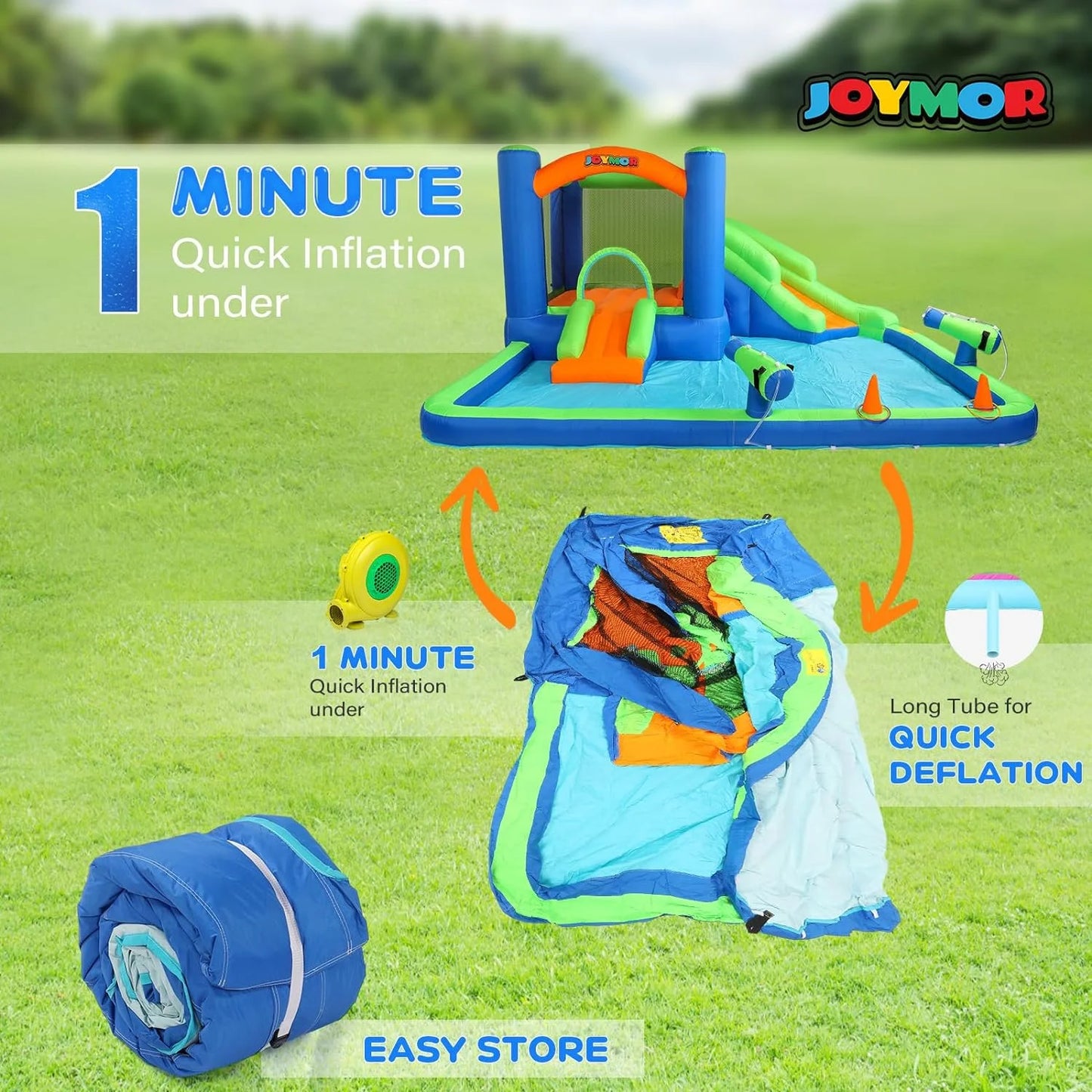 (2024 new) joymor inflatable water slide bounce house for kid 3-6, inflatable water slide w/basketball hoop, water cannon, ring-toss game, inflatable water bounce house w/slides, air blower