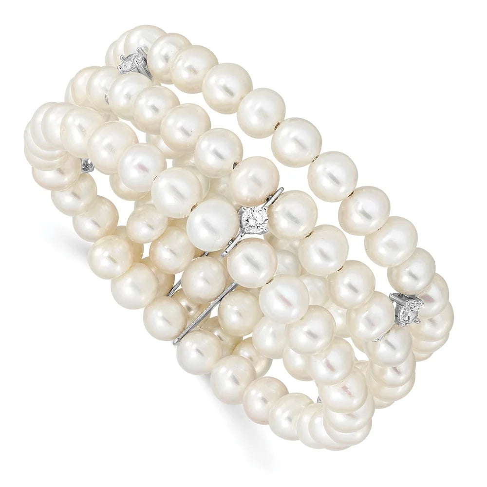 Auriga 925 sterling silver rhod-plat 6-7mm white fwc pearl & cz 3 row bracelet 7.5inch for women