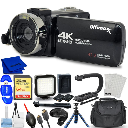 Ultimaxx 4k ultra hd 42mp camcorder video vlog camera with led light bundle