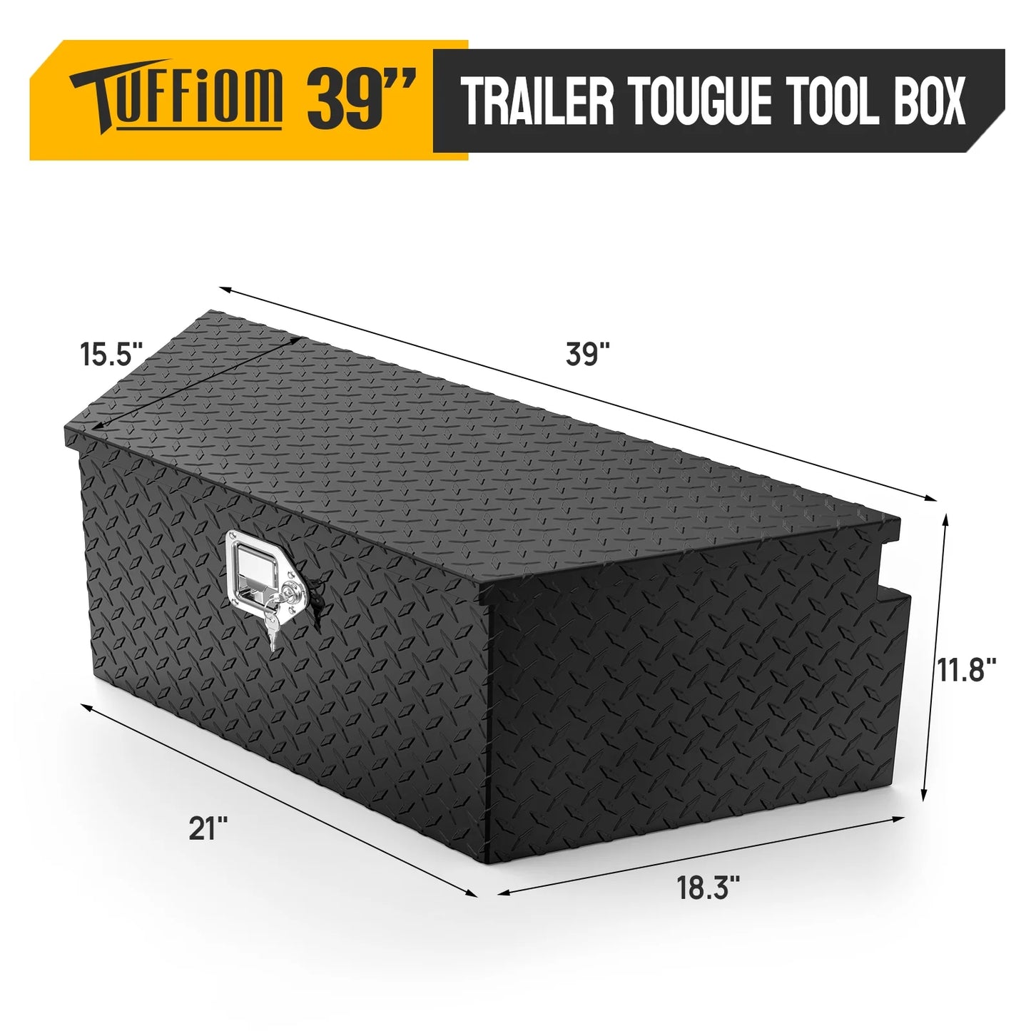 Tuffiom 39 inch aluminum truck trailer tongue tool box with lock & keys, diamond plate storage organizer toolbox for pickup truck bed, trailer, rv, atv, black