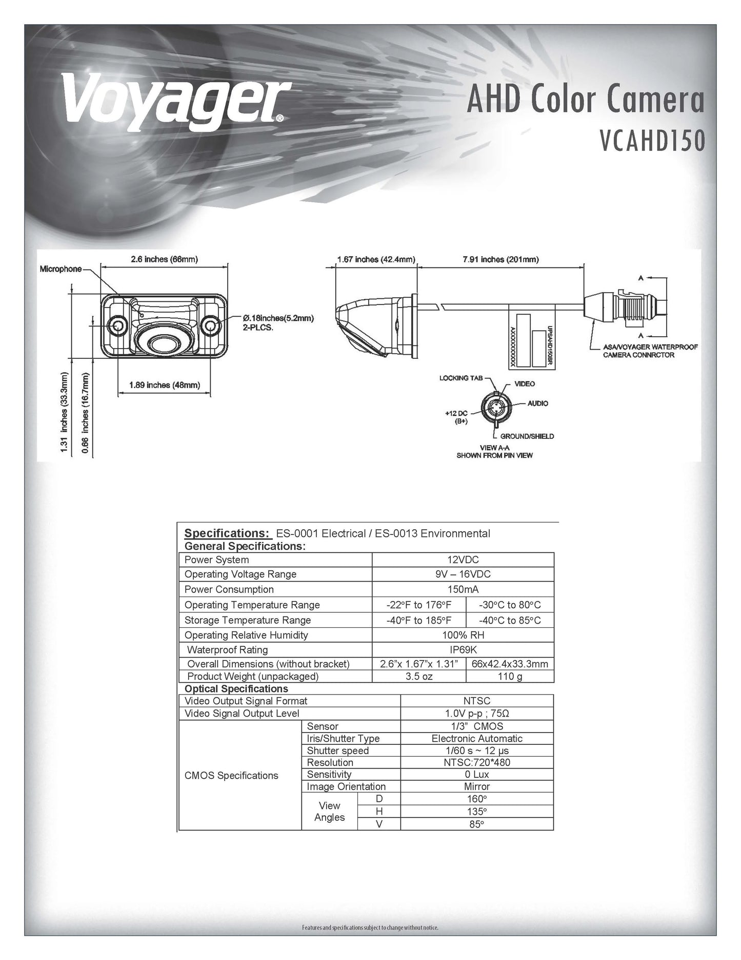 Voyager vcahd150 vehicle surface mount heavy duty ahd rear color camera w/ night vision, 160-degree viewing angle, ir led low light assist, white impact resistant aluminum housing, ip69k waterproof